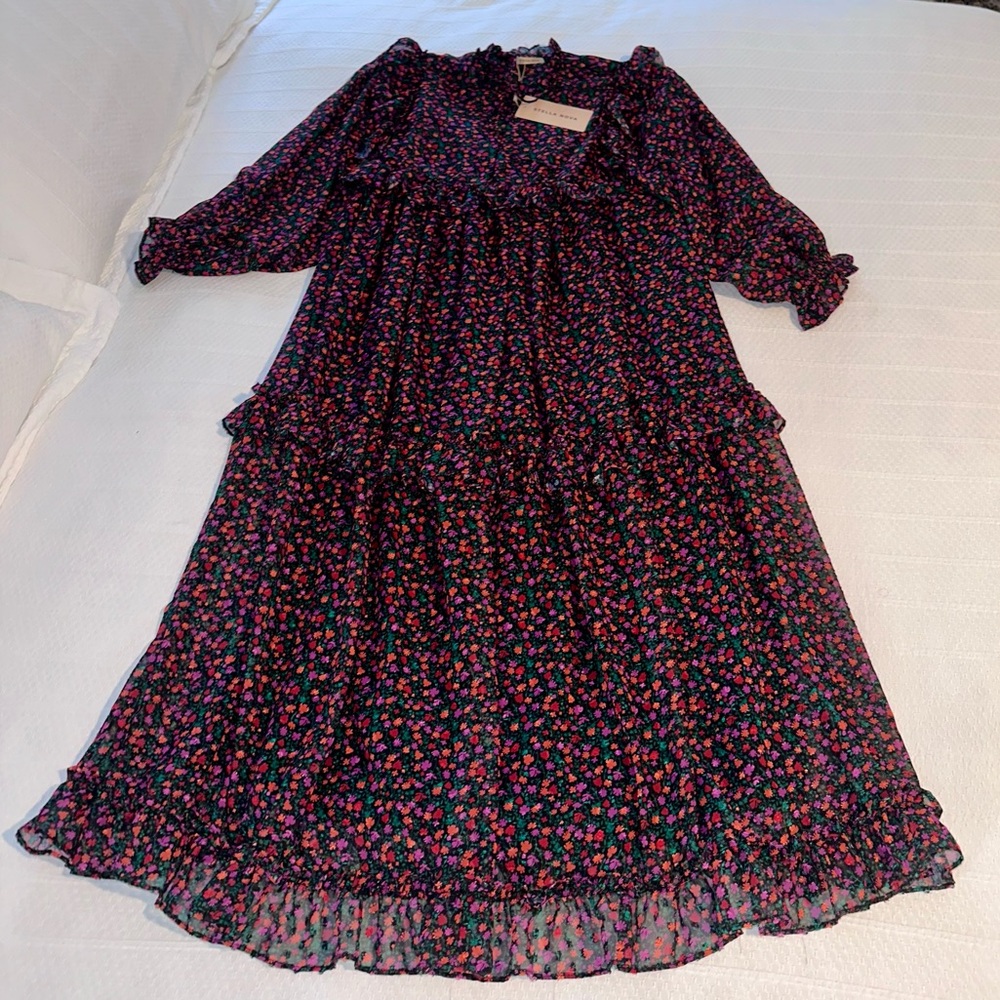 STELLA NOVA MIDI FLOCK PRINTED FLOUNCE DRESS SIZE 38 (Aprox 10 US)